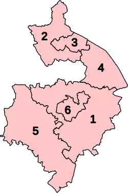 Numbered map of the parliamentary constituencies of Warwickshire created by the 2023 boundary review and first used at the 2024 UK general election.