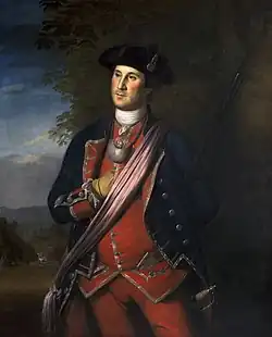 Painting of Washington, standing in a formal pose, in a colonel's uniform, right hand inserted in shirt.