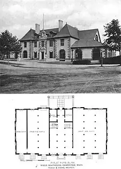 Front view with first-floor plan