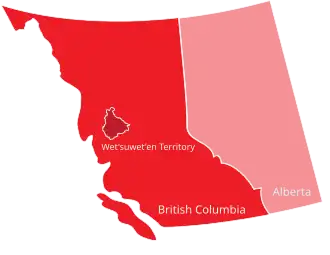 Map of British Columbia and Alberta with traditional Wetʼsuwetʼen territory in north central British Columbia highlighted and labelled "Wetʼsuwetʼen Territory".