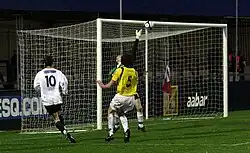 Whalley nearly scores against Harrogate Town