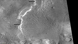 Fans in Baltisk crater, as seen by CTX camera. Note: this is an enlargement of a previous image. Arrows point to layered parts of the fans.