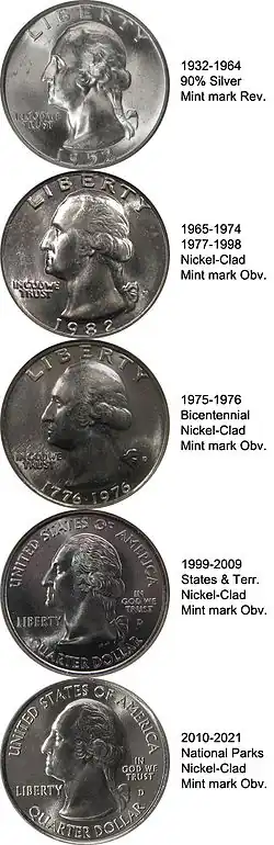 The obverses of the Washington quarter, originally as described in the Flanagan's design section, and with the modifications discussed in the Production section.