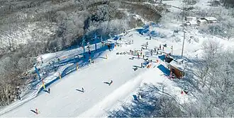 A drone image of Winterplace from the top of the mountain off of chairlift 3