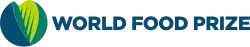 Logo of World Food Prize. Green background with white text in capitals. On the left is the commemorative sculpture designed by Saul Bass.