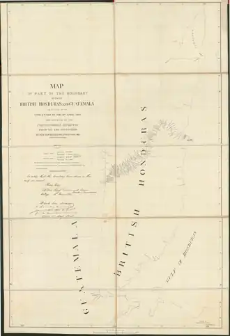 A yellowed map from 1859 with text that reads "Map of Part of the Boundary between British Honduras and Guatemala" and a mostly straight red line depicting the border between the two countries