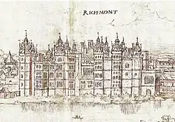 A black-and-white sketch of a palace with many cupolas.