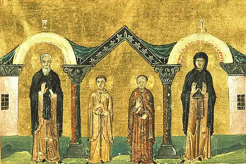 Venerable Xenophon and his wife Mary, and their two sons Sts. Arcadius and John (Menologion of Basil II)