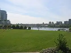 The view from Yaletown, overlooking False Creek towards Vancouver City Hall
