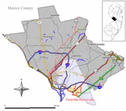 Map of Yardville-Groveville CDP in Mercer County. Inset: Location of Mercer County in New Jersey.
