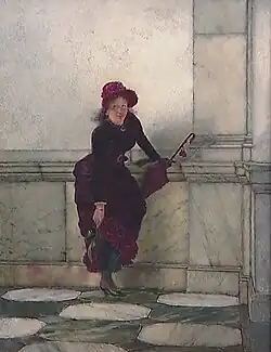 Young woman adjusting her shoe, by Pieter Haaxman (1854-1937)