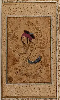 Youth kneeling and holding out a cup, a typical miniature intended for an album by Riza Abbasi