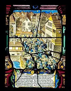 Glass painting depicting Mordnacht (murder night) on 23/24 February 1350 and heraldry of the first Meisen guild's Zunfthaus, Zürich, Switzerland (c. 1650)