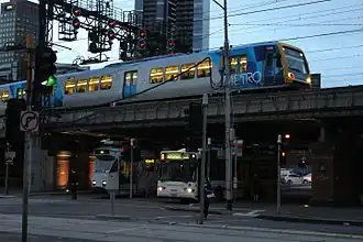 Tram next to a bus, with a train passing above