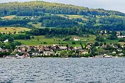 Paddle steamers Stadt Rapperswil (to the left) and Stadt Zürich on centennial tour, Pfannenstiel mountain in the background (June 12, 2009)