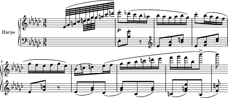
\header {
  tagline = ##f
}
upper = \relative c' {
  \clef treble
  \key ges \major
  \time 3/8
  \tempo 8 = 152
  %\autoBeamOff
   \set Staff.midiInstrument = #"orchestral harp"
  \partial 8 s16
  \times 4/11 { \autoBeamOn << { ees64( ges a! ces d! ees ges ges a ces d!) } \\ { s64*4 d,!64[ ees ges ges] } >> }
  ees'8-.\p des!16( ces bes aes! bes aes ges aes bes ges)
  ces8-. bes16( aes ges f ges f ees f ges ees)
  bes16( c! d!8) ees16( f ges aes bes c! d! ees f ges f bes, bes'8~->) bes8
}
lower = \relative c {
  \clef bass
  \key ges \major
  \time 3/8
  \set Staff.midiInstrument = #"orchestral harp"
  s8 ees8-. < ges' bes, >8-. r8
  \clef treble ees8 < bes' f >8 < d! bes >
  ees,8 < bes' f >8 < ees ces > ees, < c'! ges > r8
  ees,8( < bes' ges >8) des,( < bes' ges >) ces,( < bes' ges >)
  c,!( < ees' a,! f >8) bes,( < d'! f, >)
}
\score {
  \new PianoStaff <<
    \set PianoStaff.instrumentName = #"Harpe"
    \new Staff = "upper" \upper
    \new Staff = "lower" \lower
  >>
  \layout {
    \context {
      \Score
      \remove "Metronome_mark_engraver"
    }
  }
  \midi { }
}
