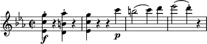 \relative g'' {
\key c \minor \time 2/2
<g c, es,>4-. \f r <as b, d,>-. r
<g c, es,>4 r r c \p
b2( c4) d
es2( d4-.) r
}