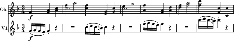 <<
\new Staff \with { instrumentName = #"Ob." midiInstrument = "oboe"}
\relative c'' { \set Score.tempoHideNote = ##t \tempo 4 = 132
\key f \major
\tempo "Allegro"
\time 3/4
f,4 \f <f a> <a c>
<< \relative {f'' a2} \relative {c''2.} >>
<c f>4 <e, g> <g c>
<< \relative {e'' g2} \relative {c''2.} >>
<a f'>4 <f a> <a d>
<d f> <f a>2
<f c'>4 <f, c'> <c c'>
}
\new Staff \with { instrumentName = #"V1" midiInstrument = "string ensemble 1"}
\relative c' {
\version "2.18.2"
\tempo "Allegro"
\key f \major
\time 3/4
f16\f (g f e) f4-. r |
R1*3/4 |
c'16( d c b) c4-. r |
R1*3/4 |
f16( g f e) f4-. r |
R1*3/4 |
c'16( d c b) c4-. r |
}
>>