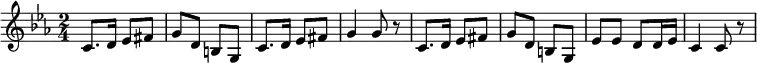 \relative a {
\key c \minor
\time 2/4
\tempo ""
\tempo 4 = 60
c8. d16 ees8 fis
g d b g
c8. d16 ees8 fis
g4 g8 r
c,8. d16 ees8 fis
g d b g
ees' ees d d16 ees
c4 c8 r
}