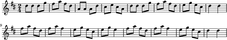 {
\key d \major
\time 2/4
d''8 d''8 d''8 g''8 fis''8 a''8 fis''8 d''8 a'8 a'8 a'8 d''8 cis''8 e''8 cis''8 a'8 d''8 d''8 d''8 g''8 fis''8 a''8 fis''8 d''8 e''8 g''8 e''8 cis''8 d''4 d''4
fis''8 a''8 fis''8 d''8 fis''8 a''8 fis''4 e''8 g''8 e''8 cis''8 e''8 g''8 e''4 fis''8 a''8 fis''8 d''8 fis''8 a''8 fis''4 e''8 g''8 e''8 cis''8 d''4 d''4
}