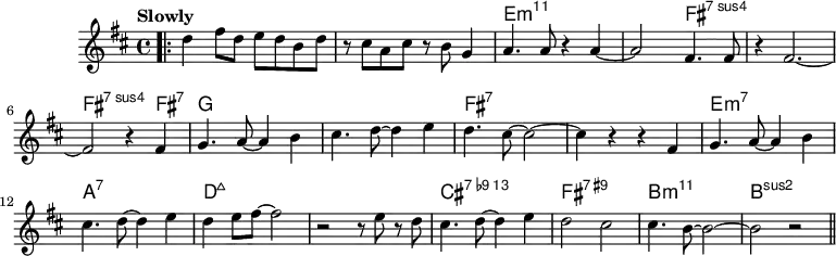 \version "2.22.0"
\header { tagline = "" }
global = {
\time 4/4
\key d \major
\set Score.tempoHideNote = ##t
% The Real Book says "Slowly", so it is reproduced here.
% The MIDI tempo, however, is set to the speed of Chick
% Corea's recordings; that is, quarter note at 230 BPM.
\tempo "Slowly" 4=230
\set chordChanges = ##t
}
chordNames = \transpose c c, \chordmode {
\global
s1 |
s1 |
e1:m11~ |
e2:m11 fis2:7sus4~ |
fis1:7sus4~ |
fis2.:7sus4 fis4:7|
g1~ |
g1 |
fis1:7~ |
fis1:7 |
e1:m7 |
a1:7 |
d1:maj7~ |
d1:maj7 |
cis1:13.9- |
fis1:7.9+ |
b1:m11 |
b1:sus2
}
melody = \relative c'' {
\bar ".|:"
d4 fis8 d e d b d |
r8 cis a cis r b g4 |
a4. a8 r4 a4~ |
a2 fis4. fis8 |
r4 fis2.~ |
fis2 r4 fis |
g4. a8~ a4 b |
cis4. d8~ d4 e |
d4. cis8~ cis2~ |
cis4 r r fis, |
g4. a8~ a4 b |
cis4. d8~ d4 e |
d e8 fis~ fis2 |
r2 r8 e r d |
cis4. d8~ d4 e |
d2 cis |
cis4. b8~ b2~ |
b2 r |
\bar "||"
}
\score {
<<
\new ChordNames \chordNames
\new Staff {
\global
\melody
}
>>
\layout { }
}
\score {
\unfoldRepeats
<<
\new ChordNames \chordNames
\new Staff {
\global
\melody
}
>>
\midi { }
}