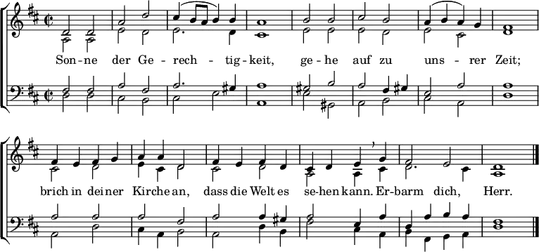 
% from https://www.online-orgelbuch.de/s%C3%A4tze – 481 four-voice brass
\header { tagline = ##f }
\layout { indent = 0 \context { \Score \remove "Bar_number_engraver" } }

global = { \key d \major \time 2/2 }

soprano = \relative c' { \global \set Staff.midiPanPosition = -0.5 \set midiInstrument = "flute"
  d2 d | a' d | cis4 (b8 a b4) b | a1 |
  b2 b | cis b | a4 (b a) g | fis1 |
  fis4 e fis g | a a d,2 |
  fis4 e fis d | cis d e \breathe g | fis2 e | d1 \bar "|."
}

alto = \relative c' { \global \set Staff.midiPanPosition = 0.5 \set midiInstrument = "oboe"
  a2 a | e' d | e2. d4 | cis1 |
  e2 e | e d | e cis | d1 |
  cis2 d | e4 cis d2 |
  cis d | a a4 cis | d2. cis4 | a1 \bar "|."
}

tenor = \relative c { \global \set Staff.midiPanPosition = -1 \set midiInstrument = "english horn"
  fis2 fis | a fis | a2. gis4 | a1 |
  gis2 b | a2 fis4 gis | e2 a | a1 |
  a2 a | a fis |
  a2 a4 gis | a2 e4 a | d, a' b a | fis1 \bar "|."
}

bass = \relative c { \global \set Staff.midiPanPosition = 1 \set midiInstrument = "bassoon"
  d2 d | cis b | cis e | a,1 |
  e'2 gis, | a b | cis a | d1 |
  a2 d | cis4 a b2 |
  a2 d4 b | fis'2 cis4 a | b fis g a | d1 \bar "|."
}

verse = \lyricmode {
  Son -- ne der Ge -- rech -- tig -- keit,
  ge -- he auf zu uns -- rer Zeit;
  brich in dei -- ner Kir -- che an,
  dass die Welt es se -- hen kann.
  Er -- barm dich, Herr.
}

\score {
  \new ChoirStaff <<
    \new Staff
    <<
      \new Voice = "soprano" { \voiceOne \soprano }
      \new Voice = "alto" { \voiceTwo \alto }
    >>
    \new Lyrics
      \lyricsto "soprano" \verse
    \new Staff
    <<
      \clef bass
      \new Voice = "tenor" { \voiceOne \tenor }
      \new Voice = "bass" { \voiceTwo \bass }
    >>
  >>
  \layout { }
}
\score { << \soprano \\ \alto \\ \tenor \\ \bass >>
  \midi { \tempo 2=84
      \context { \Score midiChannelMapping = #'instrument }
      \context { \Staff \remove "Staff_performer" }
      \context { \Voice \consists "Staff_performer" }
  }
}
