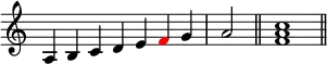 {
\override Score.TimeSignature #'stencil = ##f
\relative a {
\clef treble
\time 7/4 a4 b c d e \once \override NoteHead.color = #red f g \time 2/4 a2 \bar "||"
\time 4/4 <f a c>1 \bar "||"
} }