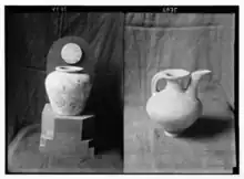 Two side-by-side Monochromatic images of an alabaster vase and pottery pot originating from Tombs