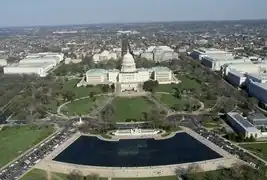 Aerial view of the area, with the gardens located in the bottom right.