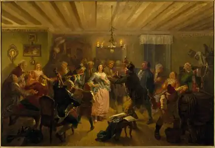 The Concert at Tre Byttor by Wilhelm Wallander [sv], 1860. Movitz (centre right) has laid down his oboe; Ulla Winblad (centre) is singing, and Christian Wingmark is playing the flute (centre left). Clarinettes are being played in the background; stringed instruments can be seen on both sides.