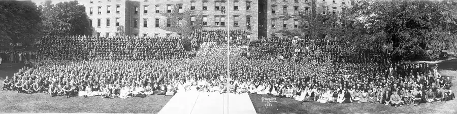 Students sit outside Pennsylvania State College, c. 1922
