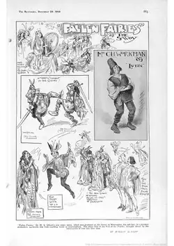 Full-page sketch showing four panels containing drawings of a dozen principal characters and chorus fairies