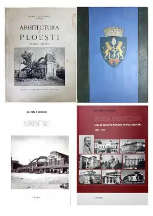 The works of Toma T. Socolescu, and the monograph of Ploiești (shown in the upper right).
